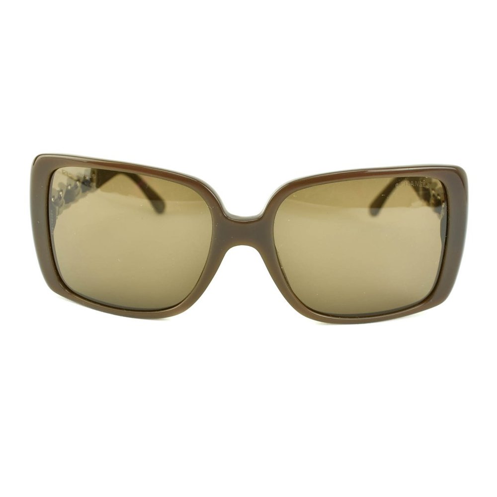 CHANEL "Chain": Taupe Leather CC Sunglasses (kt) - Picture 4 of 10